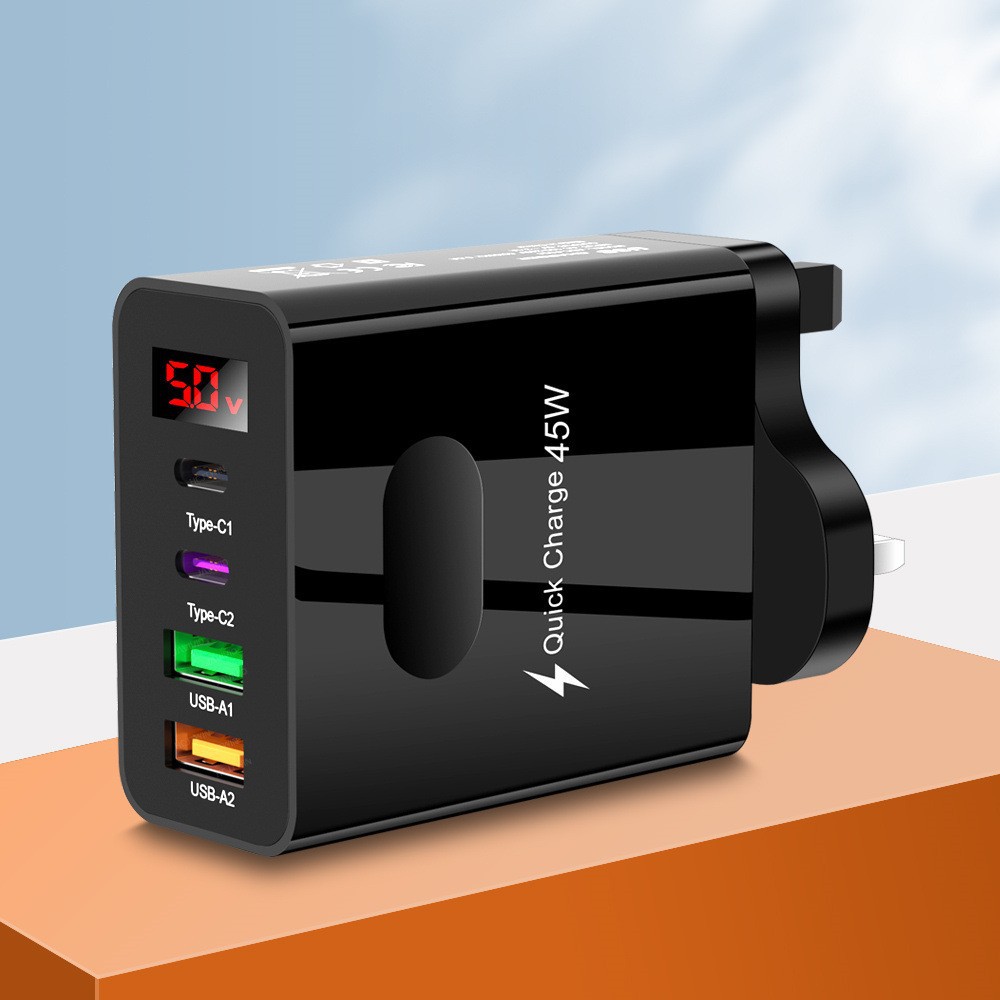 Digital Display 2USB+2Type-C Digital Phone Charger Multi-Port Charging Head UK Plug