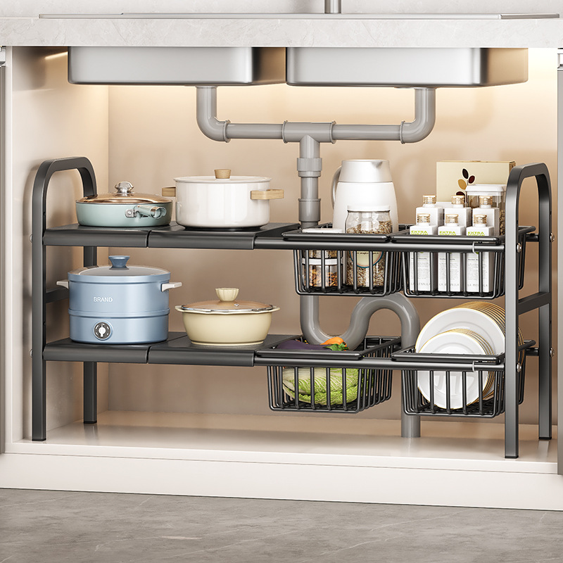 Japanese and Korean kitchen under-sink telescopic storage rack cabinet layered storage rack under washbasin storage