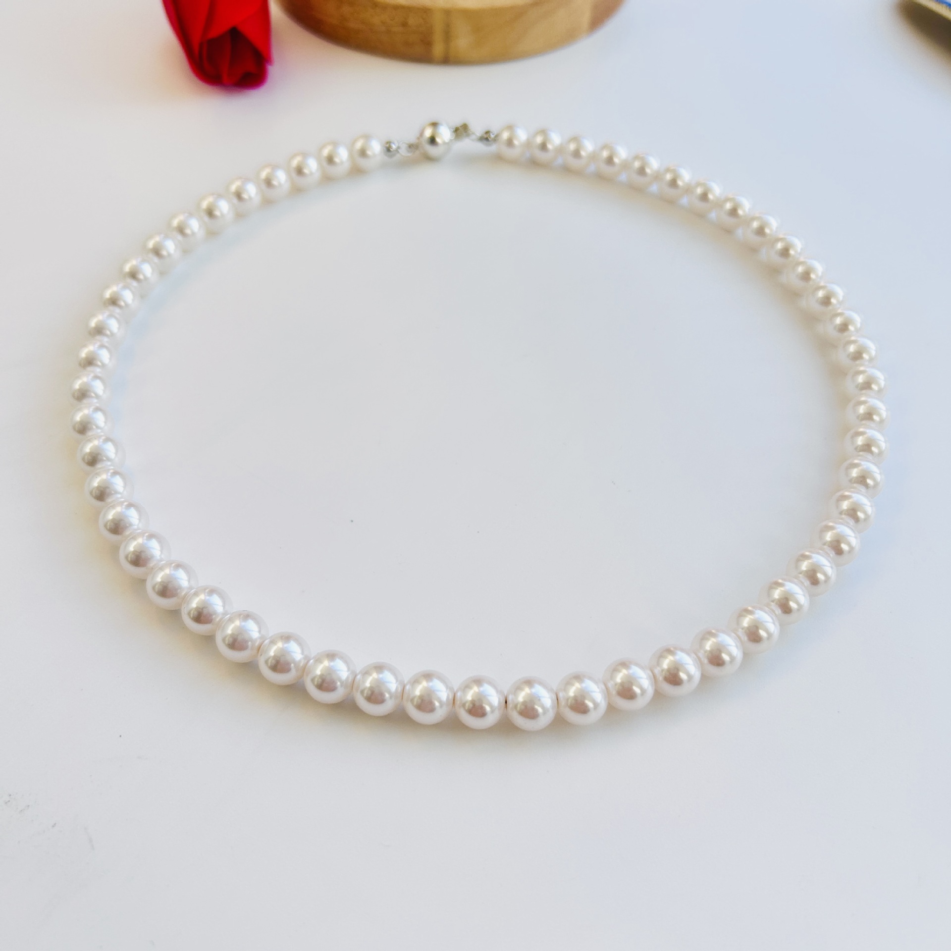 Japanese round strong light imitation pearl necklace for women collarbone chain sterling silver buckle simple magnetic clasp neck chain