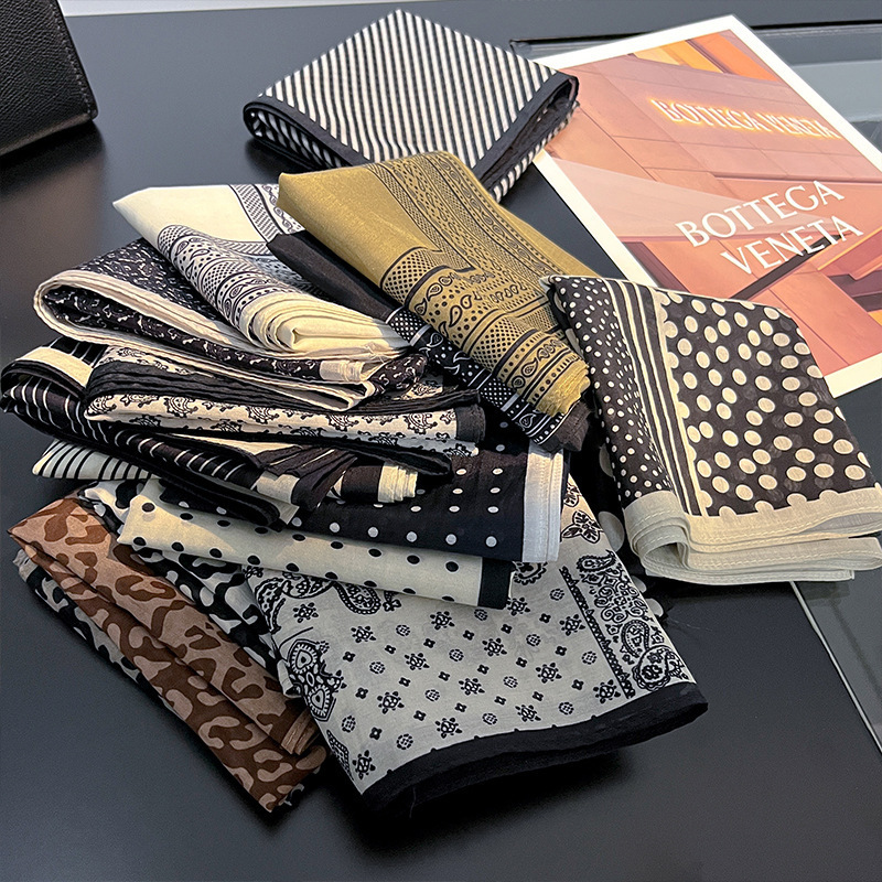 Silk cotton! 【Wander】vintage black and white mulberry silk organic cotton scarf for women, small square scarf