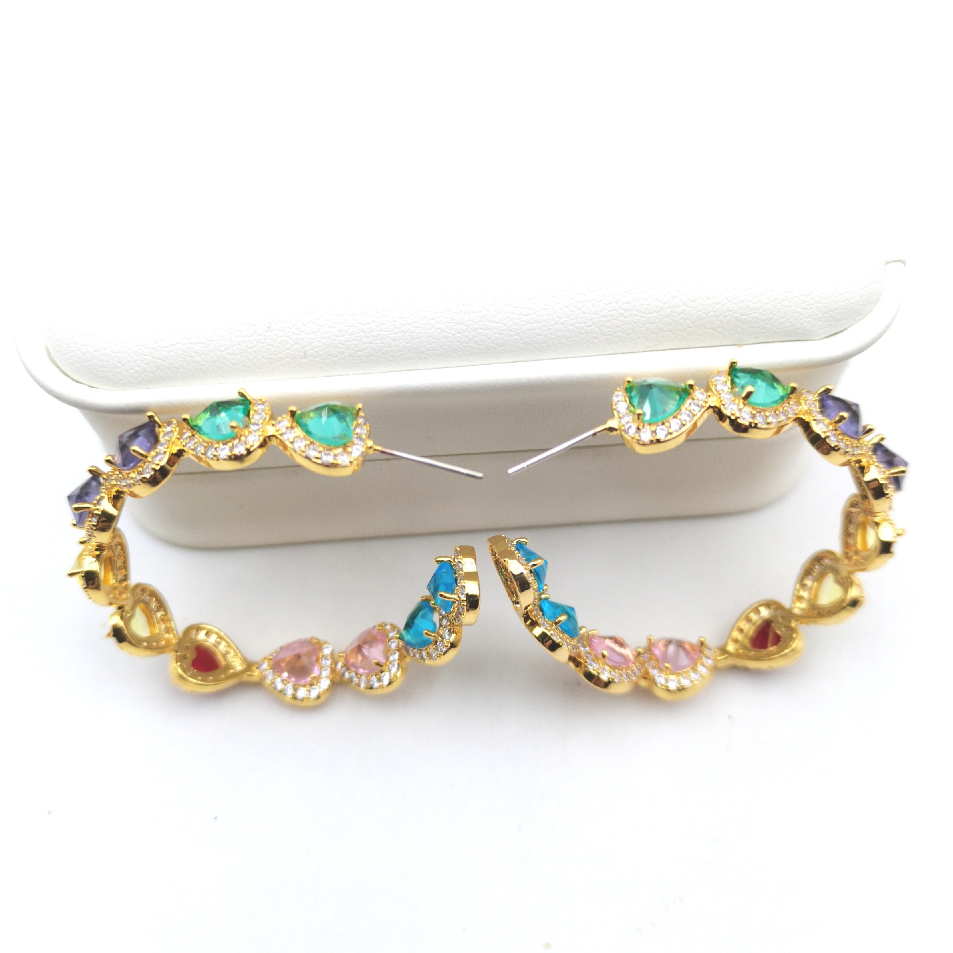 New heavy craft C-shaped colorful micro-set earrings S925 silver needle large earrings ear jewelry