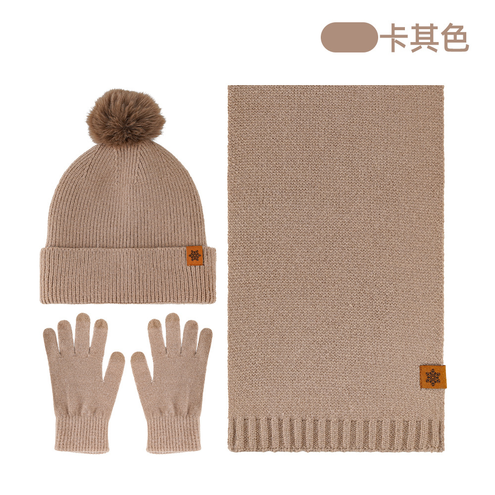 Knitted Hat Scarf Gloves Three-Piece Set Winter Outdoor Fleece-Lined Warm Earflap Beanie Wool Knit Hat