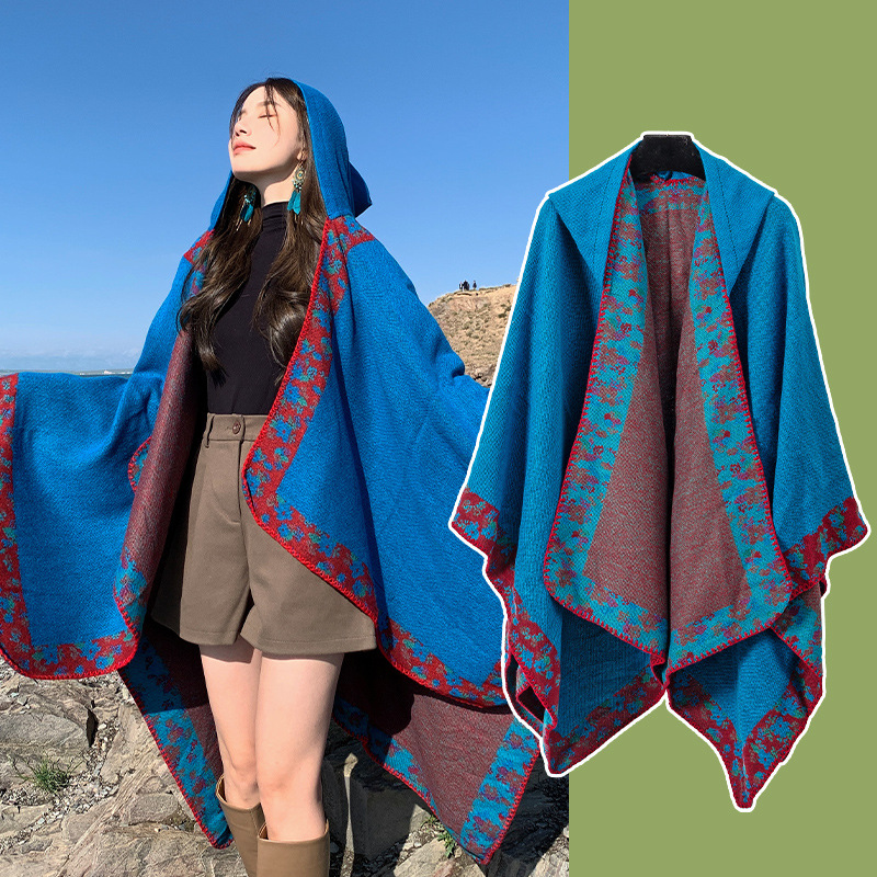 Xinjiang Tibet Travel Photo Ethnic Style Shawl Grassland Hooded Scarf Cape Yunnan Outer Cardigan Cape Women