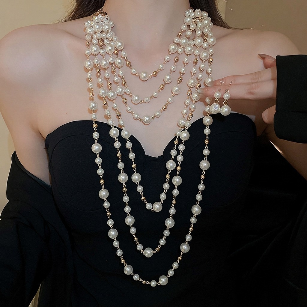 Exaggerated Multi-layer Women Pearl Necklace Earring Set Long Women Beaded Sweater Chain
