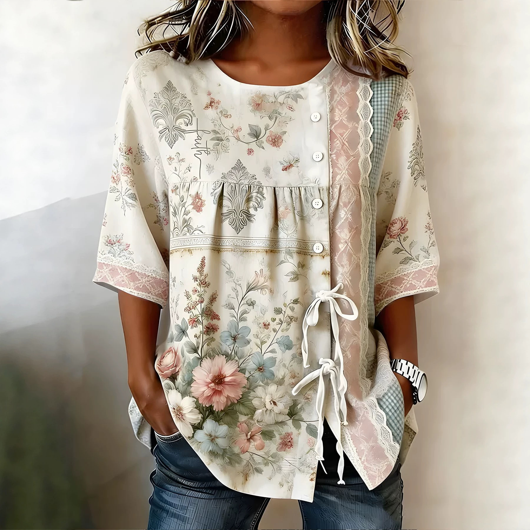 2026 New Style Printed Dandelion Loose Short Sleeve Blouse Women Tie Casual Top