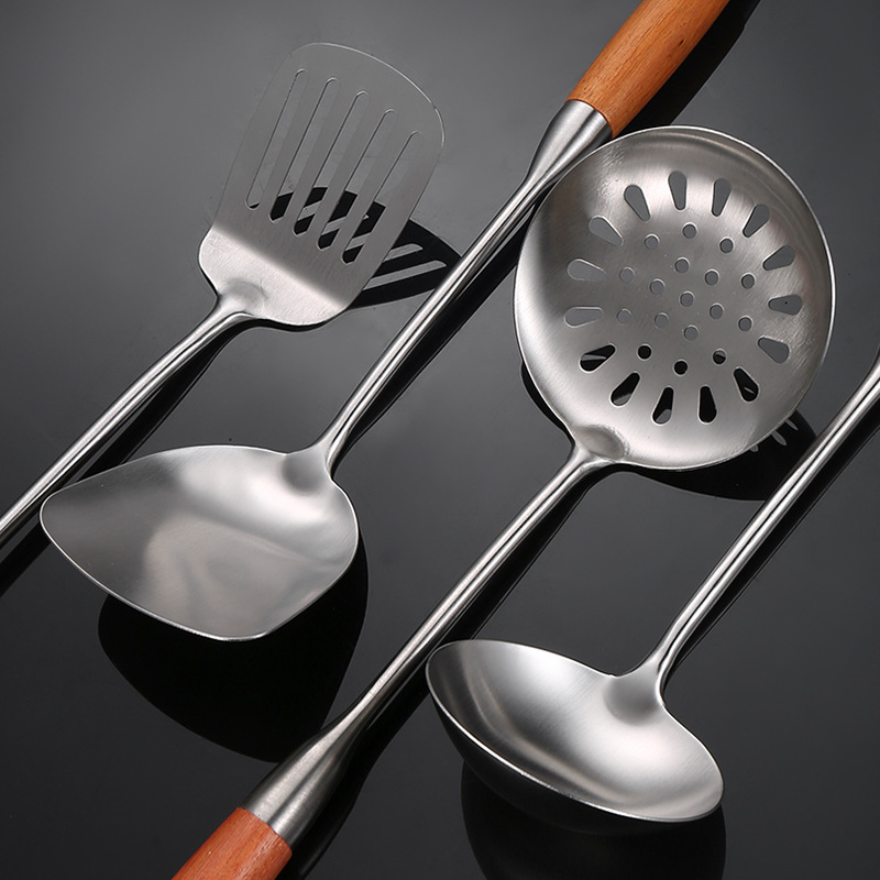 Thickened Stainless Steel Kitchen Utensils Set Wooden Handle Spatula Soup Spoon Slotted Spoon Frying Spatula Home Frying Spoon Spatula Kitchen Supplies