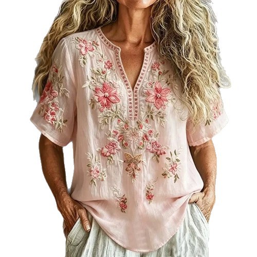 2026 New Summer American Flag Print V-Neck Short Sleeve T-Shirt Women Loose Casual Top