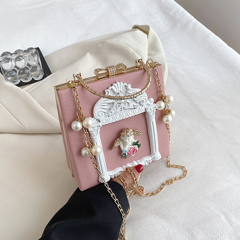 New Women's Bag Baroque Relief Angel Flower Handheld Chain Bag Niche Shoulder Crossbody Bag