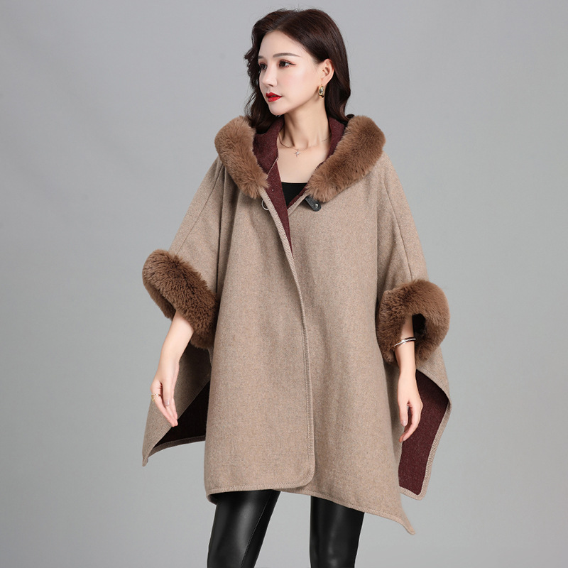 Imitation Rabbit Fur Collar Hooded Large Cape Poncho Women's Knit Cardigan Thick Loose Mid-Length Fur Coat Women