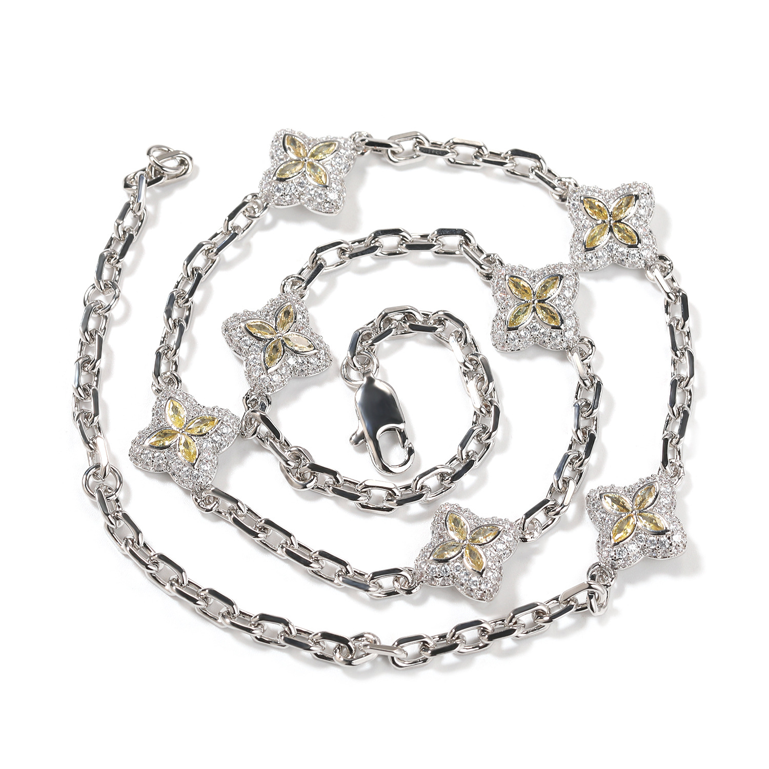 Hip Hop Full Diamond Four-Leaf Clover Bracelet Unisex Necklace Four-Leaf Clover Necklace
