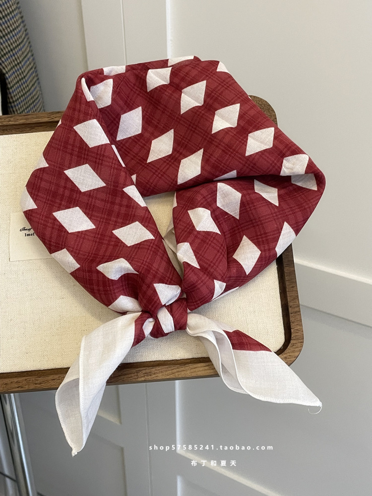 Self-retained soft square scarf with floral and polka dot cotton-linen decorative headscarf, fresh waist scarf