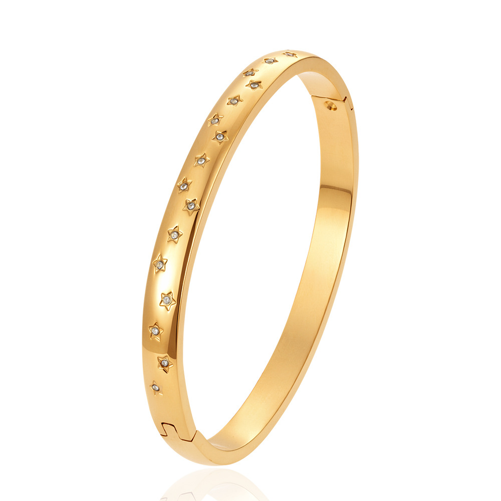 Round stainless steel snap bracelet, PVD 18K electroplated with rhinestones, for women, titanium steel bracelet ear accessories