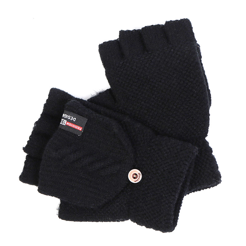Gloves Men Winter Warm Cold-Proof Driving Cycling Finger-Exposed Flip-Top Gloves Knitted Yarn Half-Finger Gloves