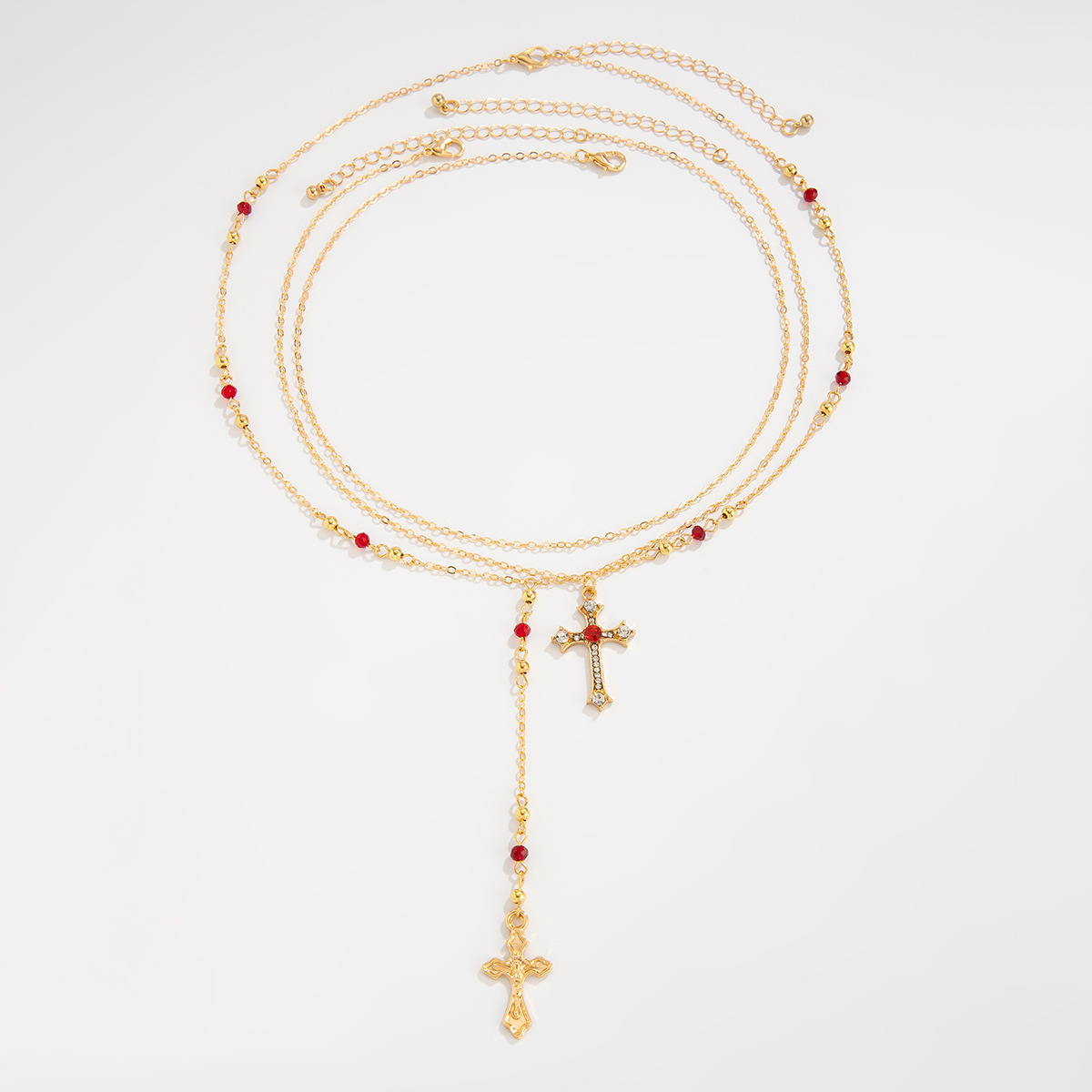 Hip-hop rhinestone cross pendant necklace faux pearl chain layered neck ornament for women