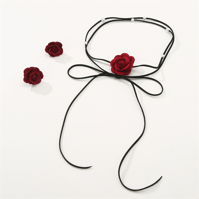 SZ0627 Denim Camellia Beaded Lace-up Necklace Earrings Set Women's Niche Choker Collarbone Chain