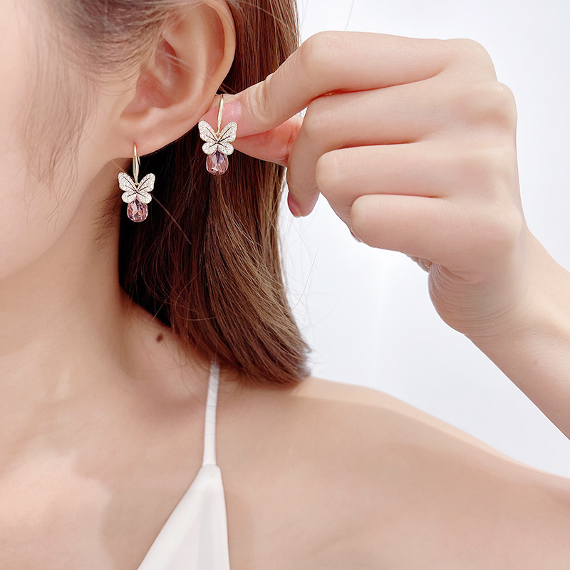 Zircon-Inlaid Blue Crystal Butterfly Ear Hooks Earrings Commute Niche Earrings