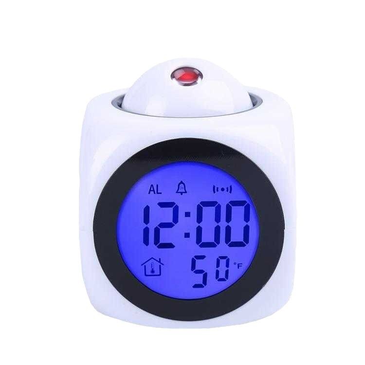 Multifunctional LED Projection Alarm Clock with English Voice Time Reporting, Square Design, Lazy Alarm, Bedroom Electronic Clock
