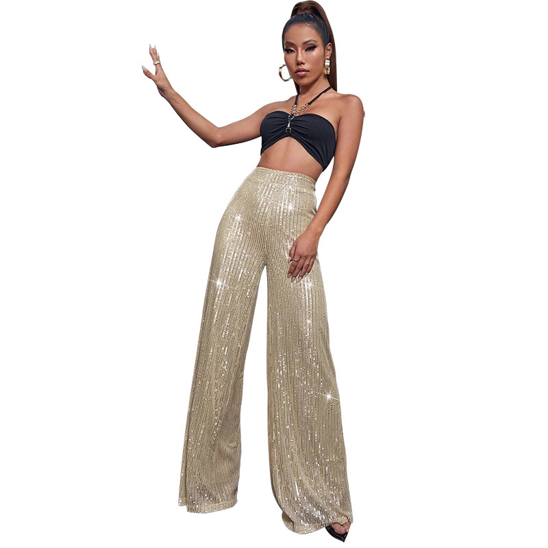 Women's 2026 New Solid Color Wide-Leg Pants Independent Station Draping Sequin Casual Pants Women