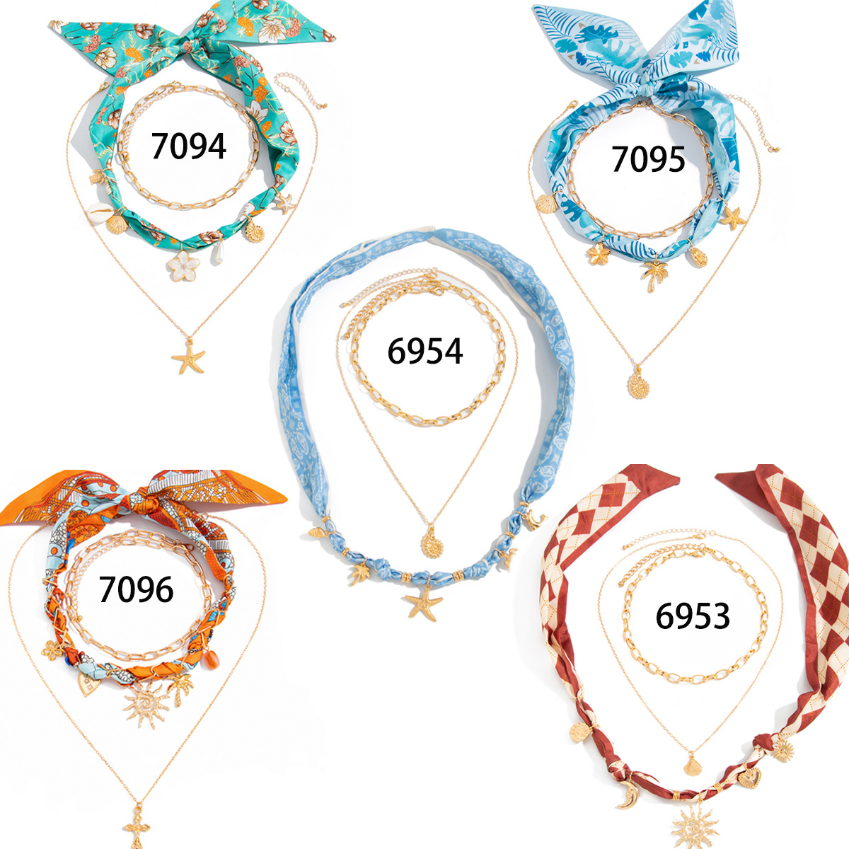 Jewelry ocean style starfish conch pendant necklace sweet cool style printed silk scarf锁骨链