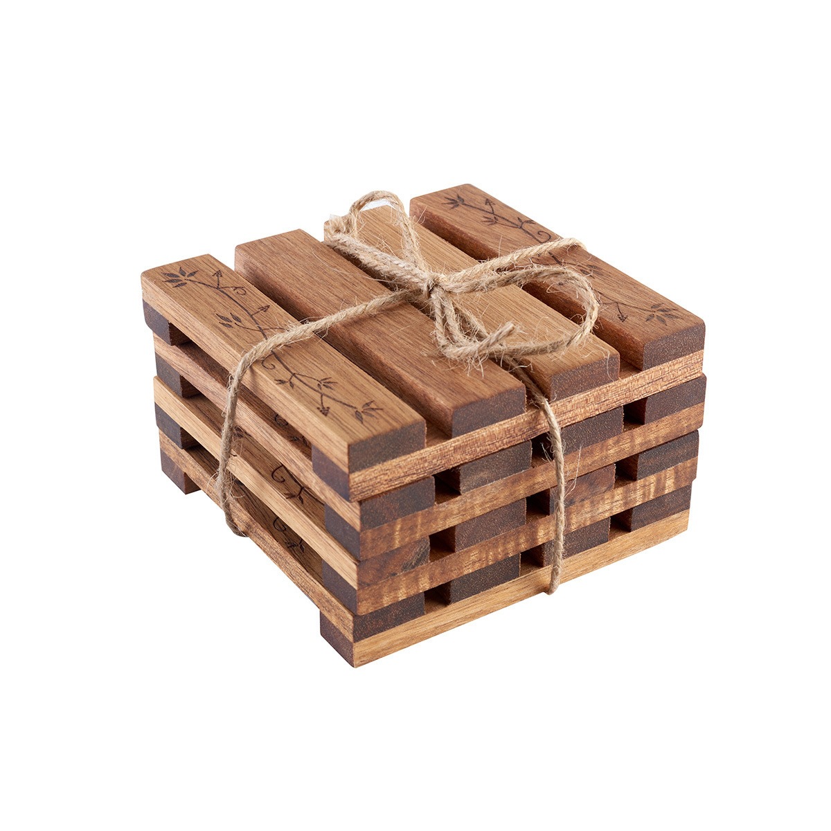 Wooden coaster four-piece set commercial acacia wood black walnut splicing laser carving round irregular heat insulation coaster