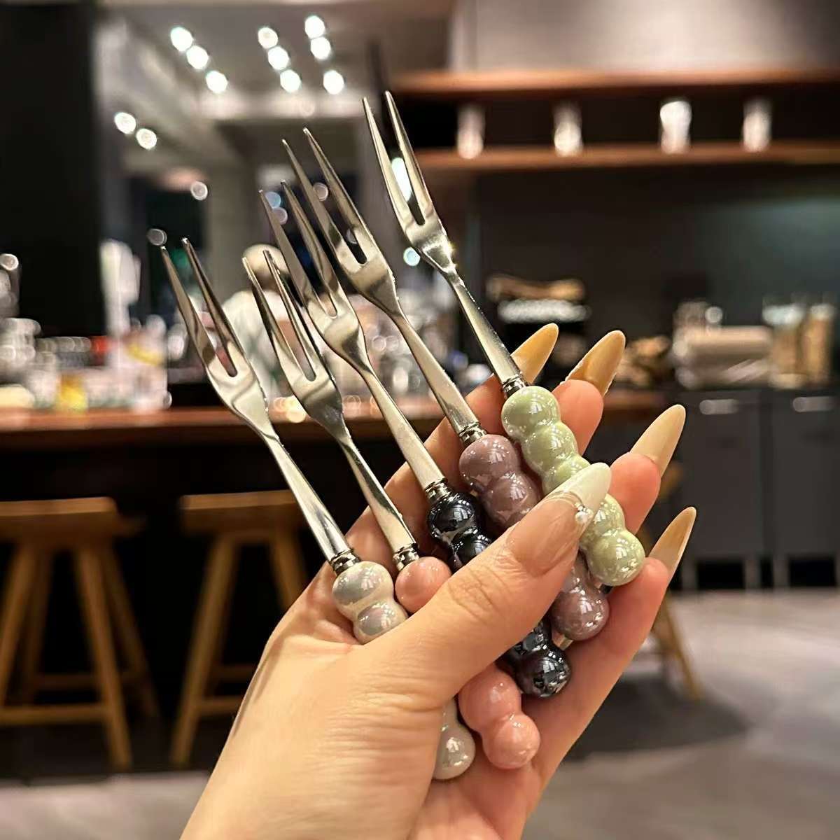 Stainless Steel Fruit Fork Dopamine Pearl Fruit Fork Household Dessert Fork Cake Fork Set