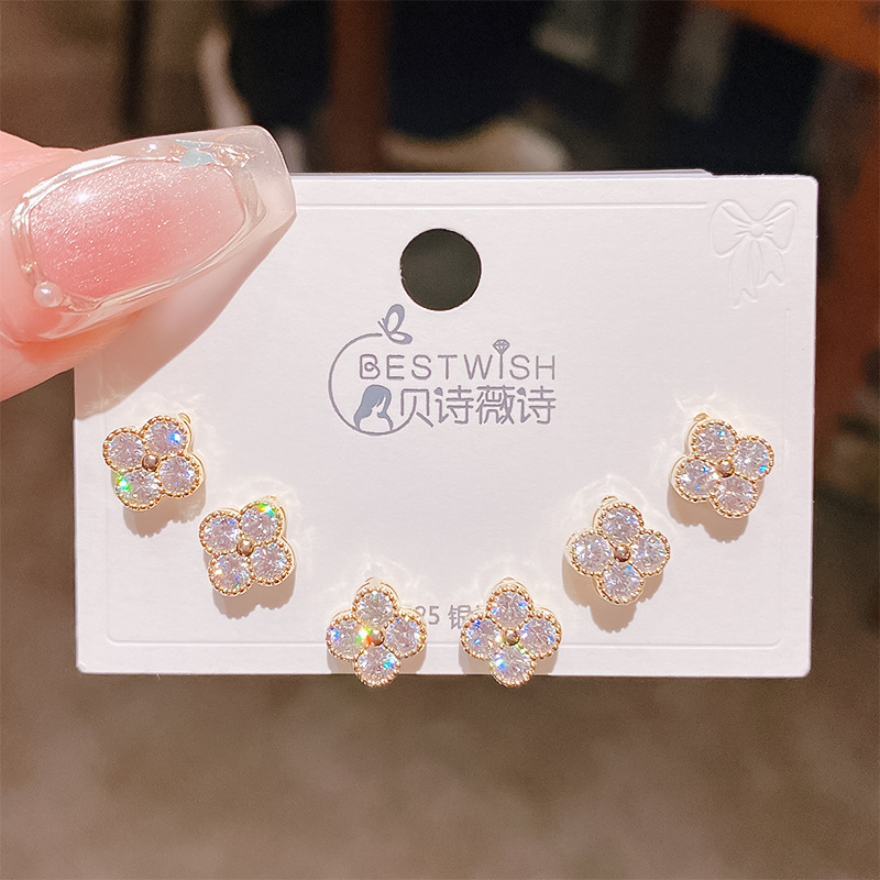 26th batch #1 copper gold-plated solid quality zircon three pairs of earrings, silver needle one card six-piece set