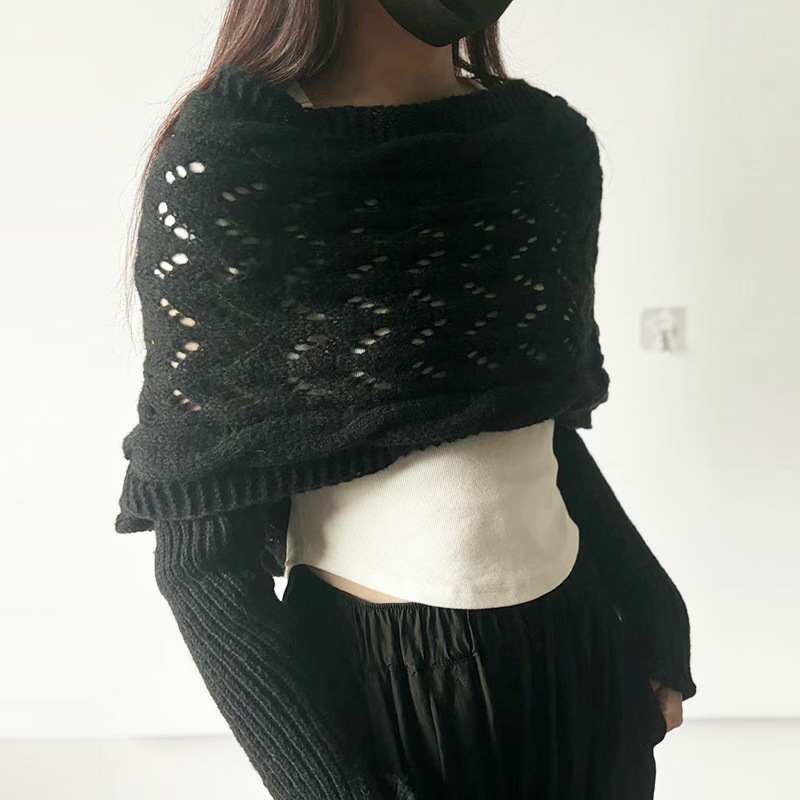 Cross off-shoulder beautiful knitted hollow long-sleeved double-sleeve shawl outer cardigan women