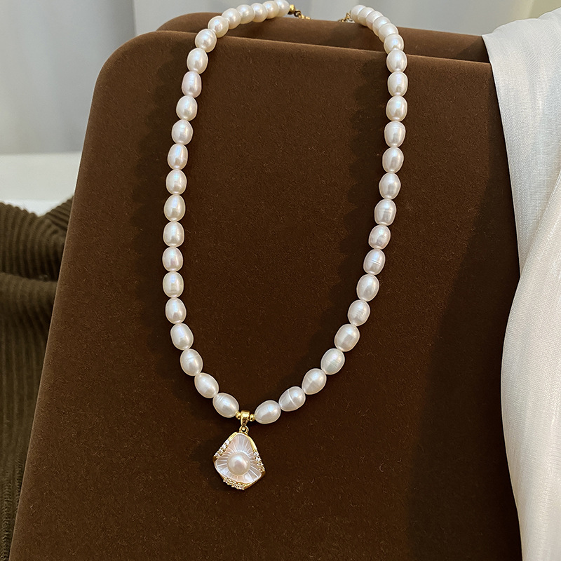 5mm natural freshwater pearl necklace for women with lotus leaf pendant, collarbone chain, neck chain