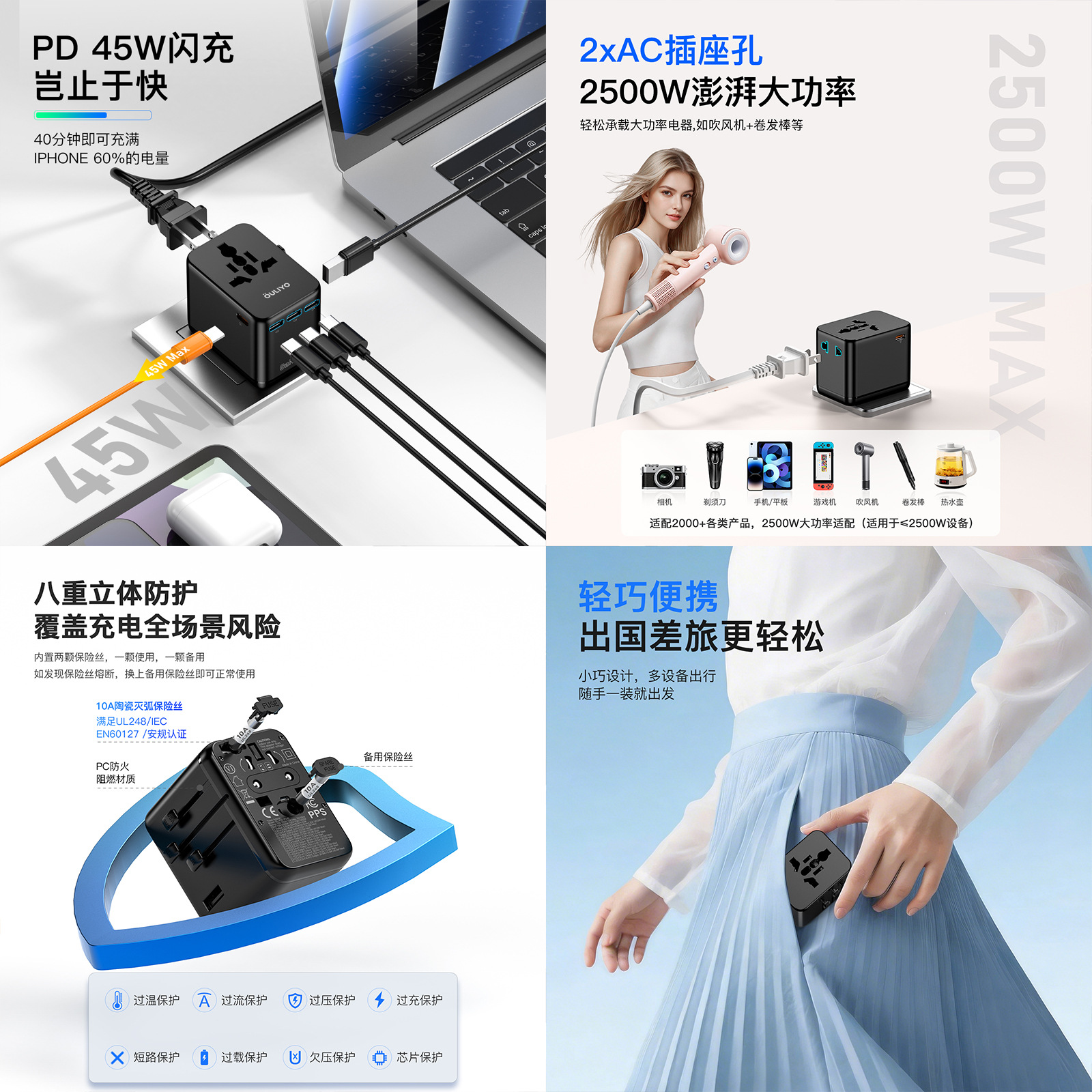 Global Universal Pocket GaN45W Travel Plug Converter Socket Multi-function PD Socket Fast Charging Adapter Plug