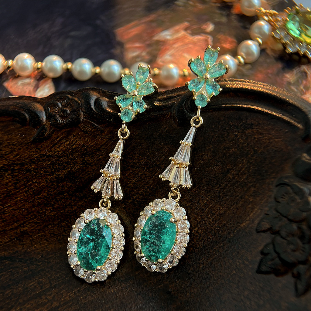 Vintage Retro Colored Gem Green Zircon Earring Collection Court Style Ear Studs Ear Accessories