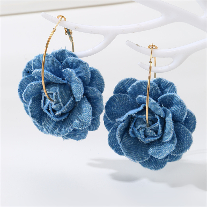 EZ5074 Women's Earrings Camellia Denim Blue Cloth New Women's Ear Accessories