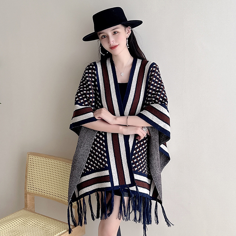 2023 Autumn Winter New Ethnic Style Tassel Shawl Cape Cape Outer Wear Jacquard Loose Knitted Cardigan Coat Women