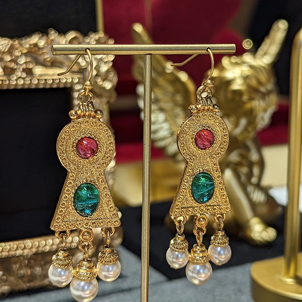 Western Vintage High Quality Brass Gold Plated Glass Palace Style Earrings