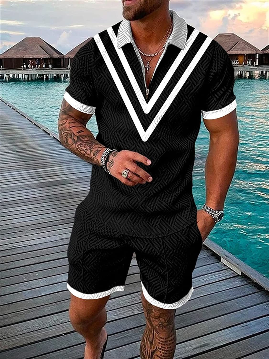 2026 New Men's Casual Sports Suit Summer Short Sleeve Polo Shirt Shorts Two Piece Set Color Block Print