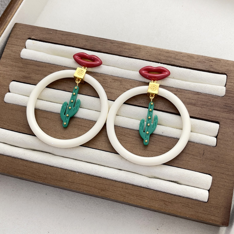 Enamel red lips green resin cactus white large hoop ear studs earrings earrings