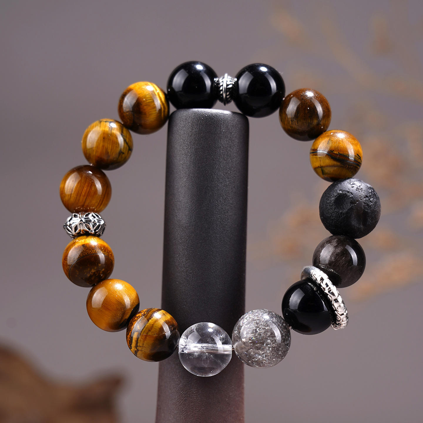 Natural Yellow Tiger Eye Silver Obsidian Planet Bracelet Black Flash Large Particle Original Unisex Couple Bracelet