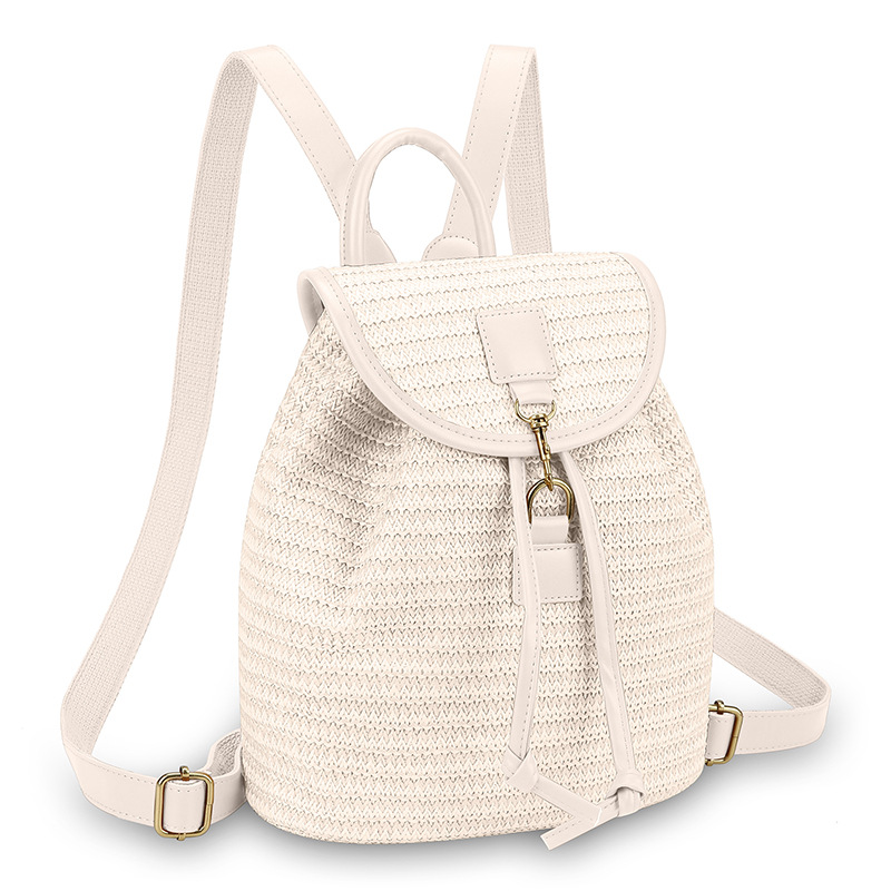 New Simple Patchwork Drawstring Bucket Straw Bag, Vacation Travel Woven Backpack for Women
