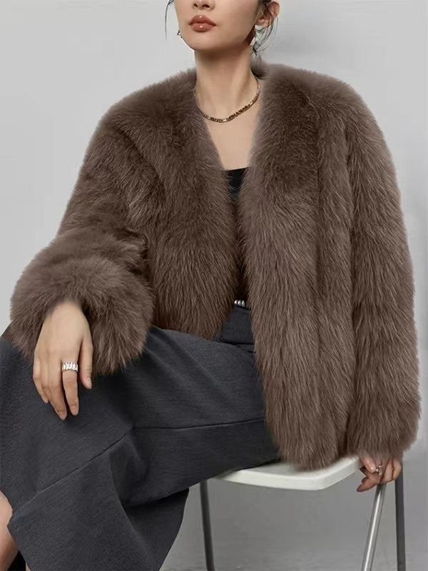 Fur V-neck artificial jacket short fox fur fluffy plush women's clothing eco-friendly fur