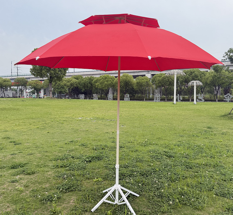 Outdoor 3m center pole umbrella, courtyard umbrella, double-layer fiber wind-resistant umbrella, double-bone fiber beach umbrella