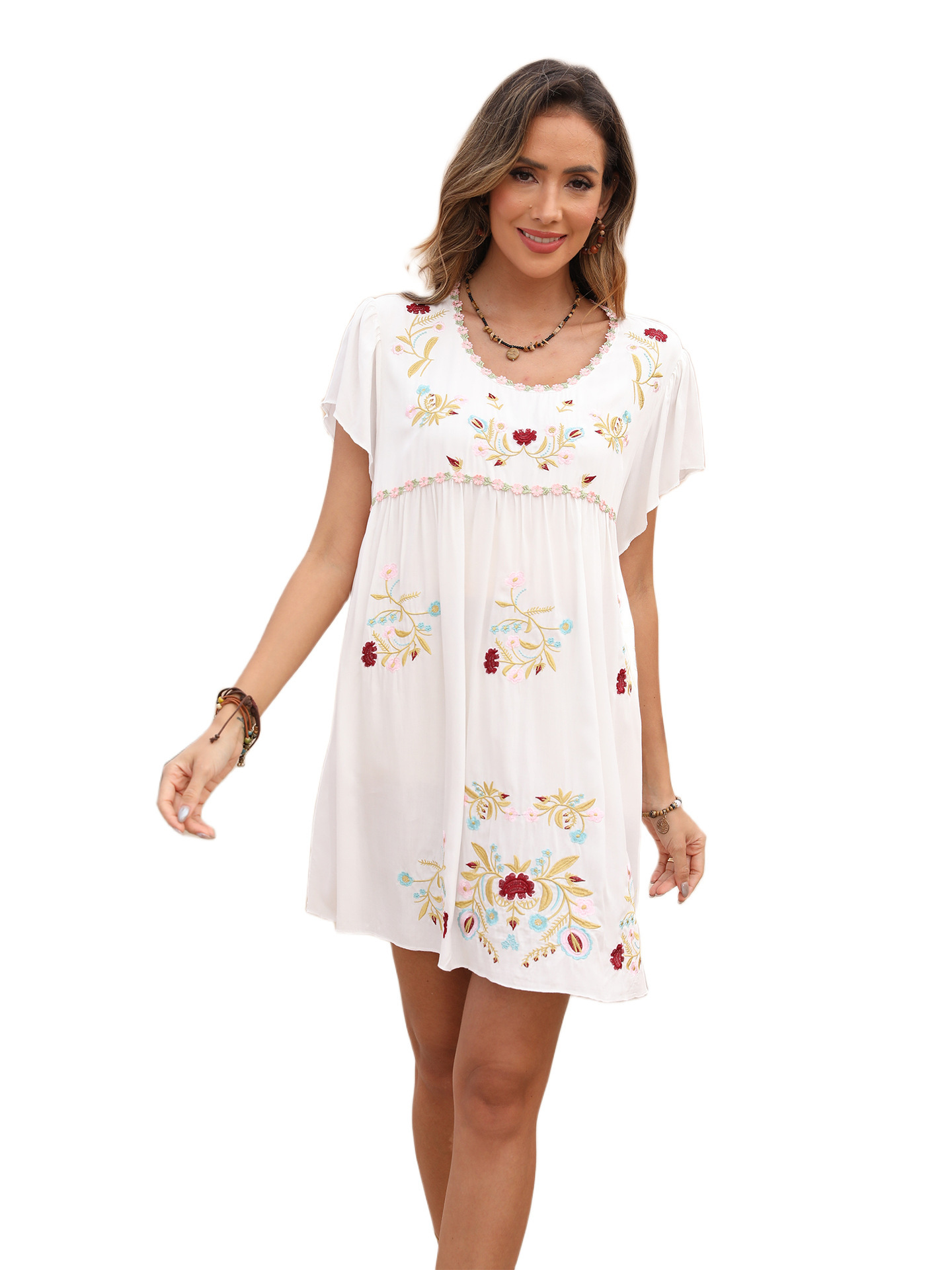 Embroidered casual loose dress summer V-neck short dress women #762