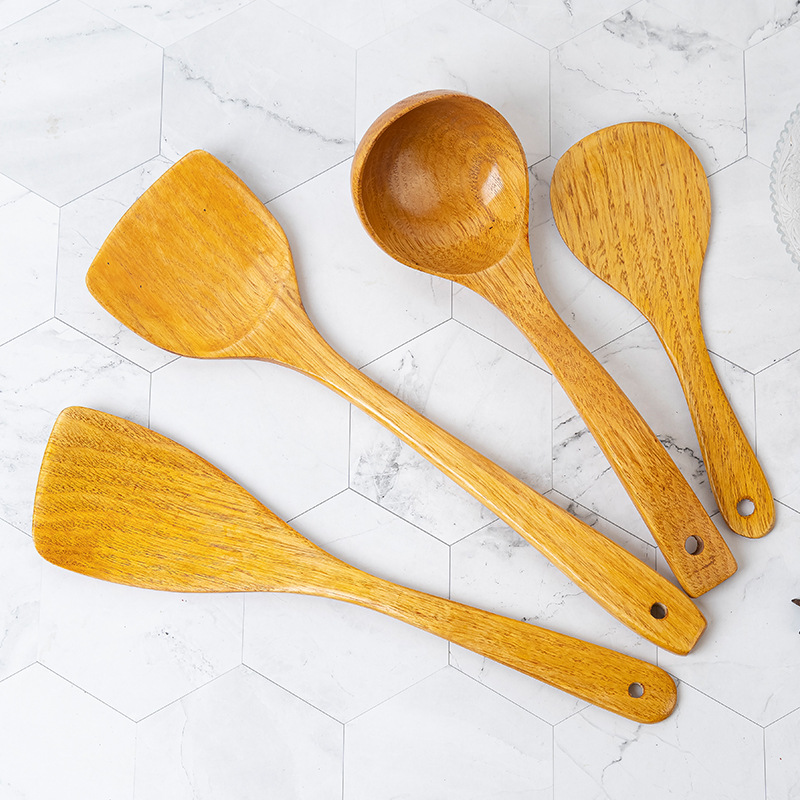 Home Natural Wood Spatula Set Solid Wood Spatula Long Handle Wooden Soup Spoon Non-stick Pan Stir-fry Spatula
