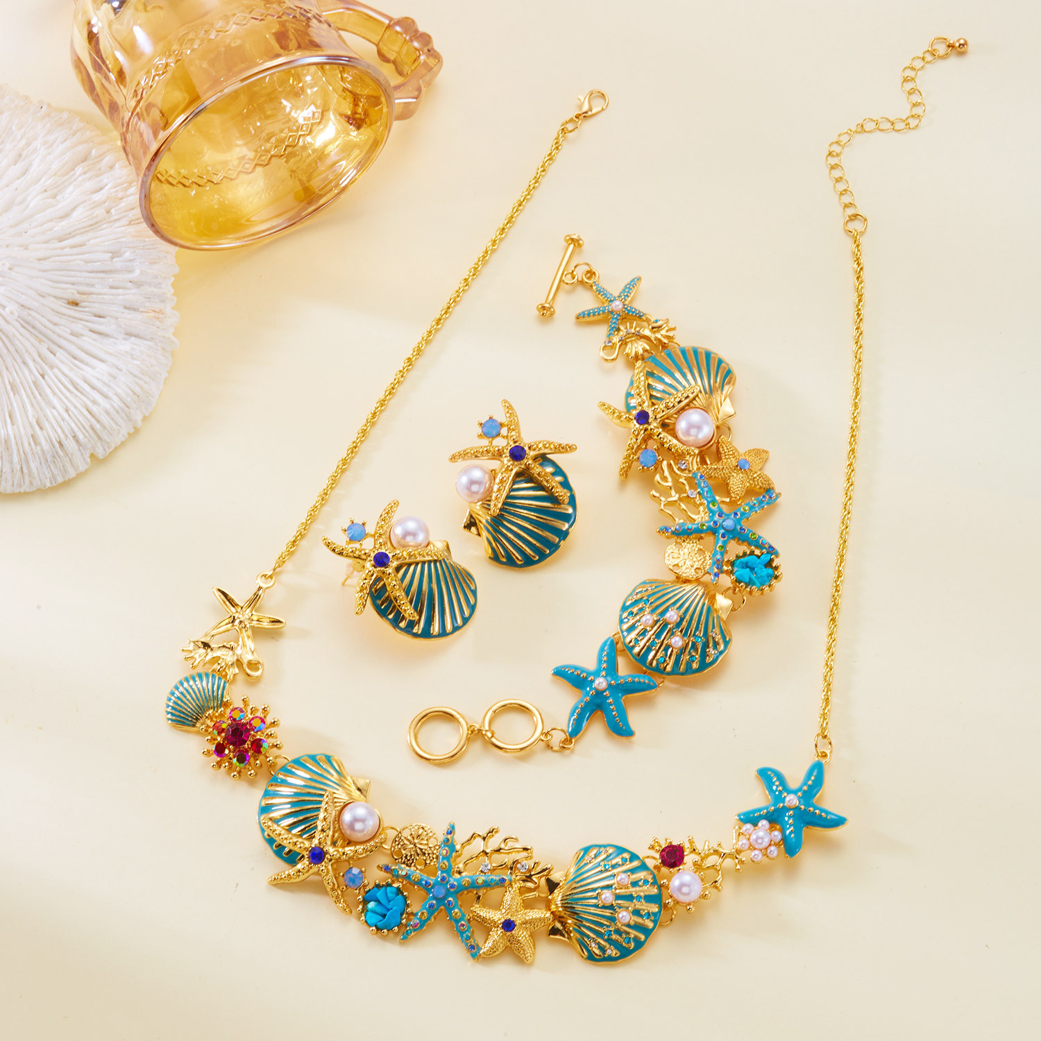 Oil-Drop Starfish Shell Coral Earring Necklace Set Necklace Bracelet Earrings Beach Accessories