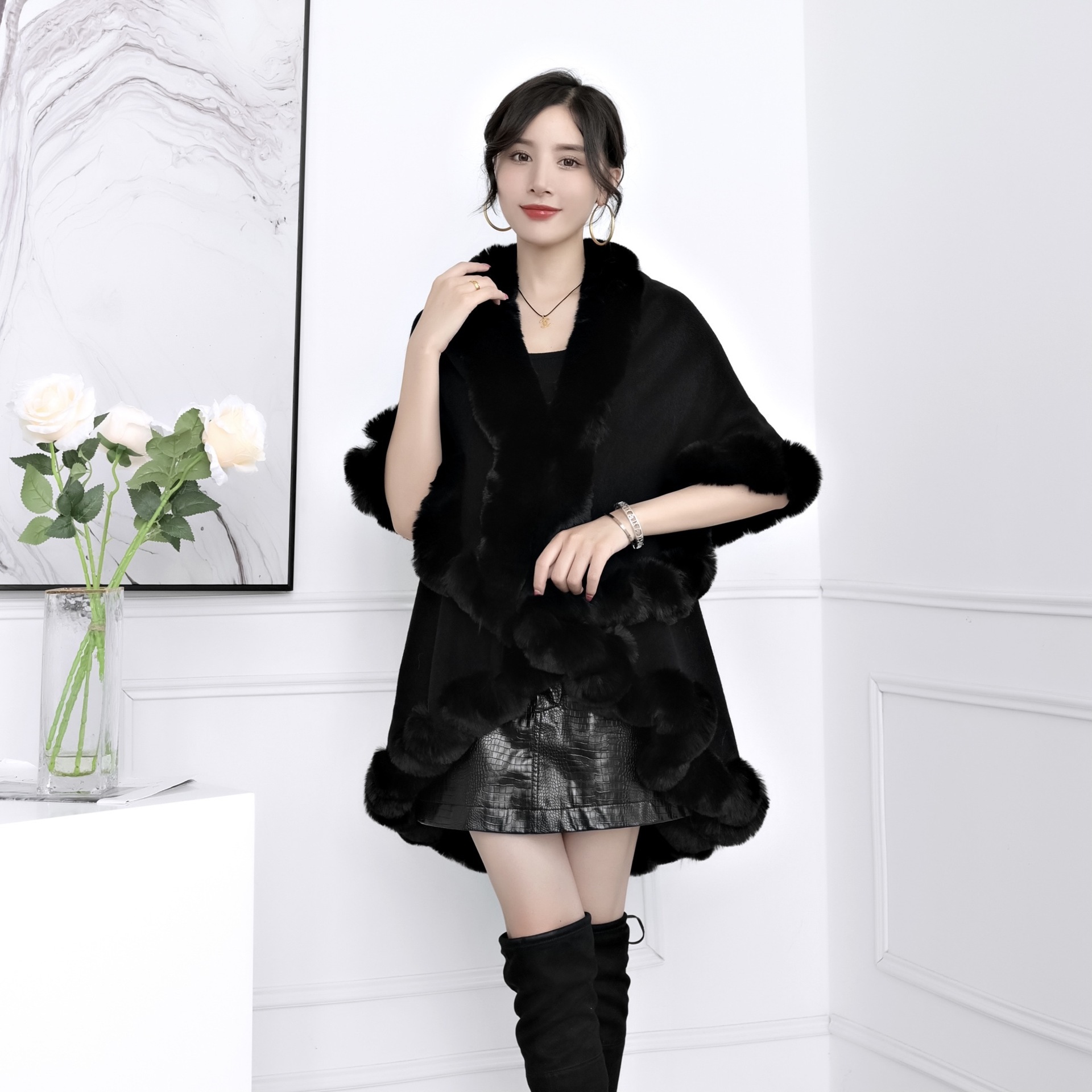 Live Supply Autumn Winter New Imitation Rex Rabbit Fur Collar Cape Shawl Plus Size Knitted Cardigan Loose Coat Women
