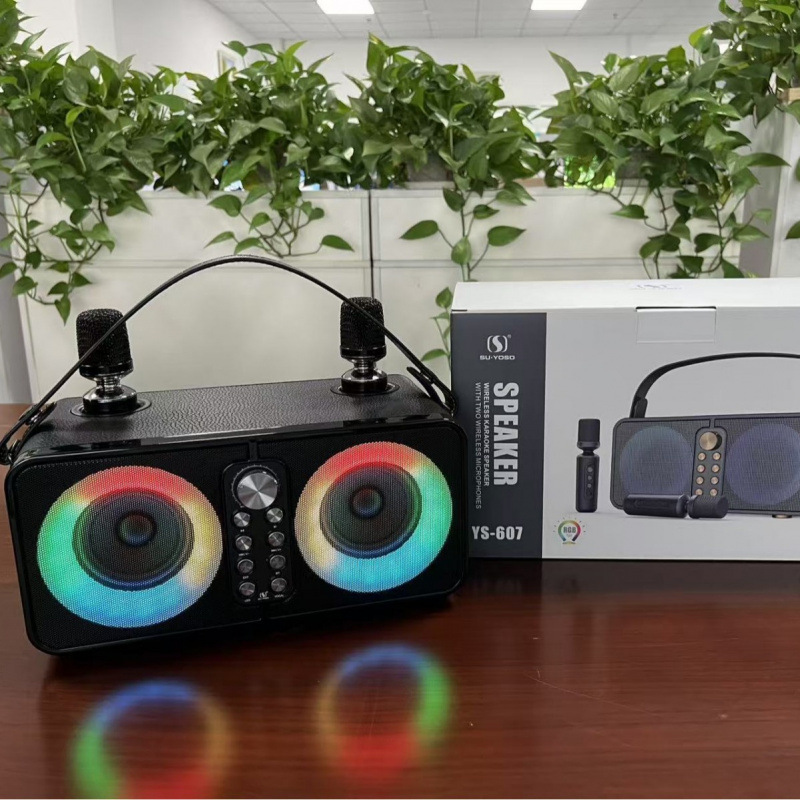 YS607 Colorful Portable Outdoor Home Leather Texture High Power 3600mAh Dual Wireless Mic KTV Speaker