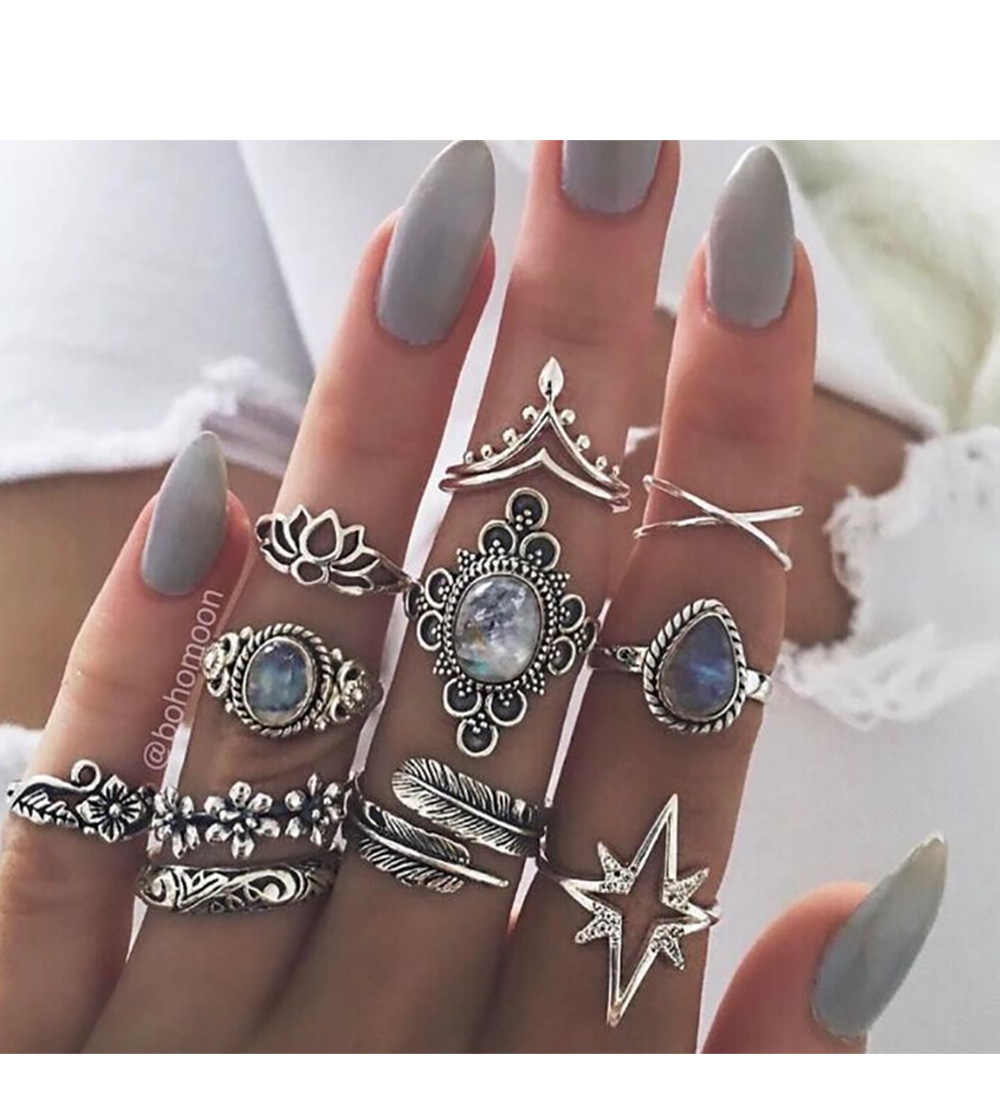 New Ring Bohemian Feather Turquoise Hollow 9-Piece Set Ring