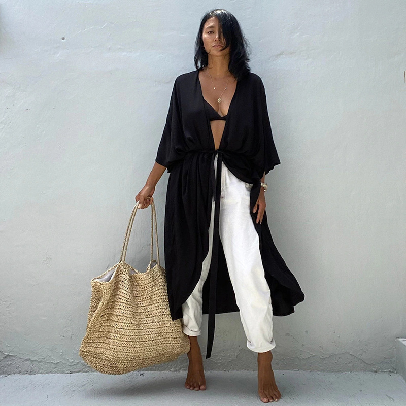 New Dense Rayon Sun Protection Cardigan Bikini Cover Up Swimsuit Outer Sun Protection Seaside Vacation Dress Women