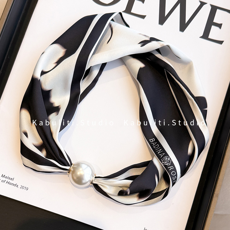 Magnetic buckle pearl necklace narrow small long strip silk scarf women neck protection matching shirt neck scarf gauze scarf thin scarf