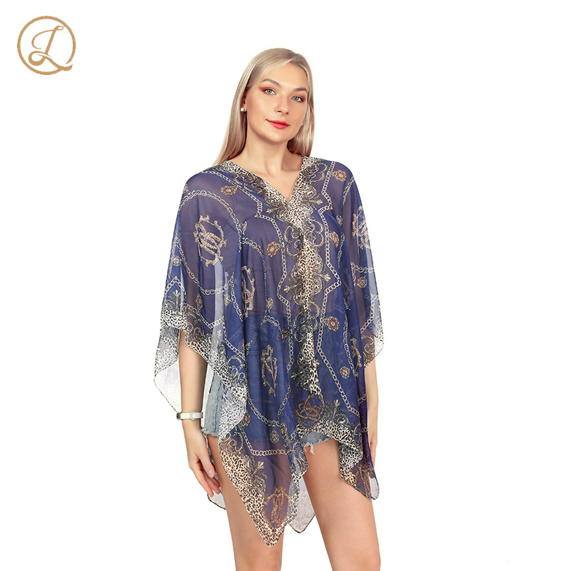 Summer Silk Scarf Women Chiffon Chain Print Beach Towel Sun Protection Shawl
