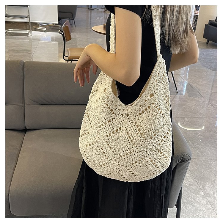 Single Shoulder Cotton Thread Woven Bag Handmade Straw Bag Women's Large Capacity Tote Bag Beach Vacation Beach Bag