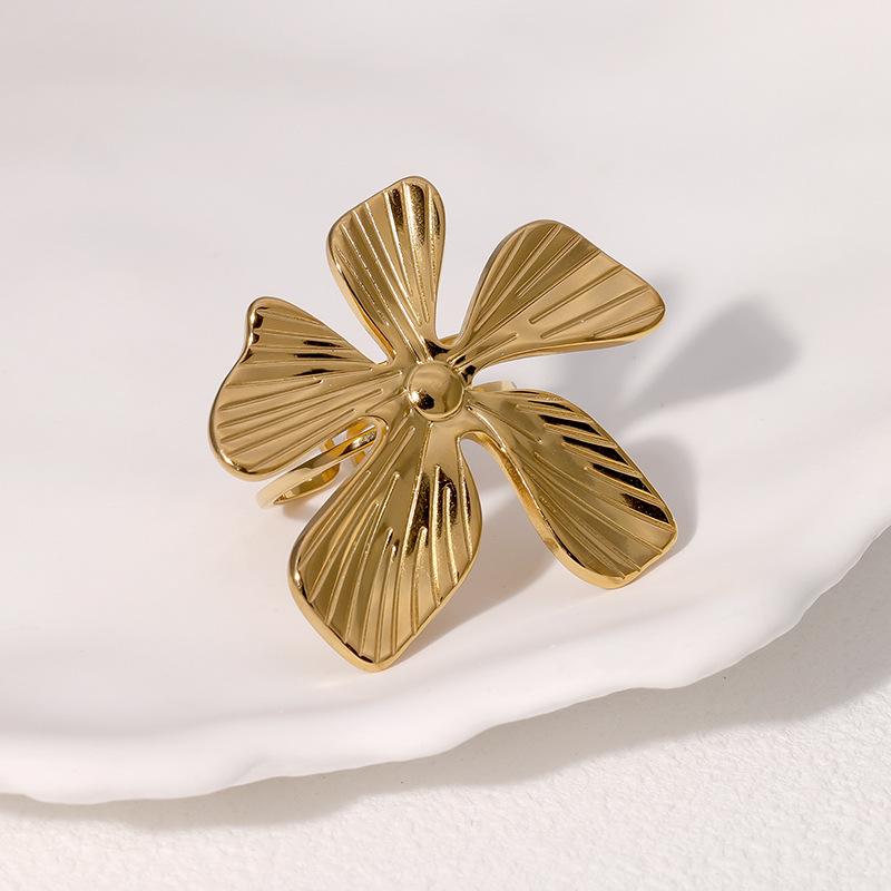 Exaggerated flower butterfly love geometric open stainless steel ring women